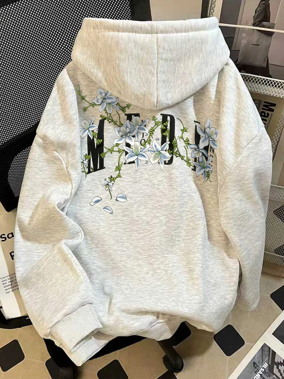

Американская утепленная толстовка с цветочным принтом для девочек-подростков, серая, на флисовой подкладке, повседневная верхняя одежда для старшеклассниц