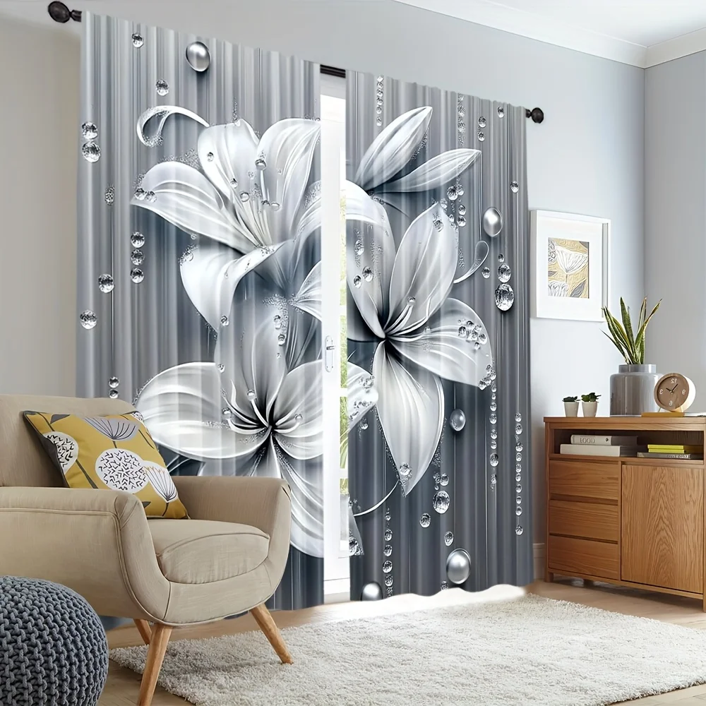 2 Stück graue Lilie Polyester-Vorhänge mit Stangentasche – für Wohnzimmer, Schlafzimmer, Küche und Party-Dekoration