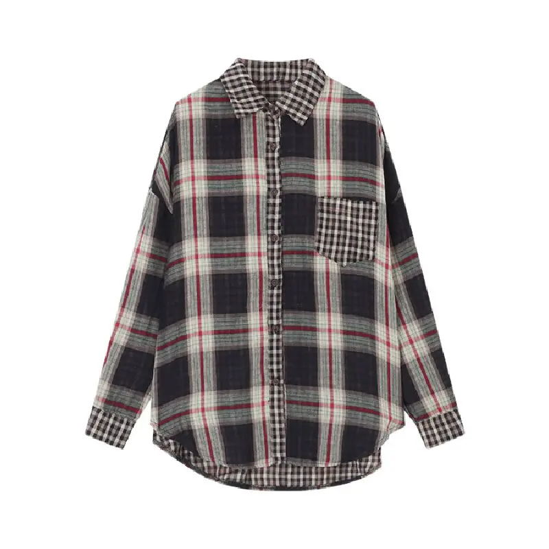 

Ретро-рубашка в клетку с длинным рукавом, весенне-осенняя куртка с отложным воротником в стиле Майярд, женская свободная однобортная блузка с длинным рукавом