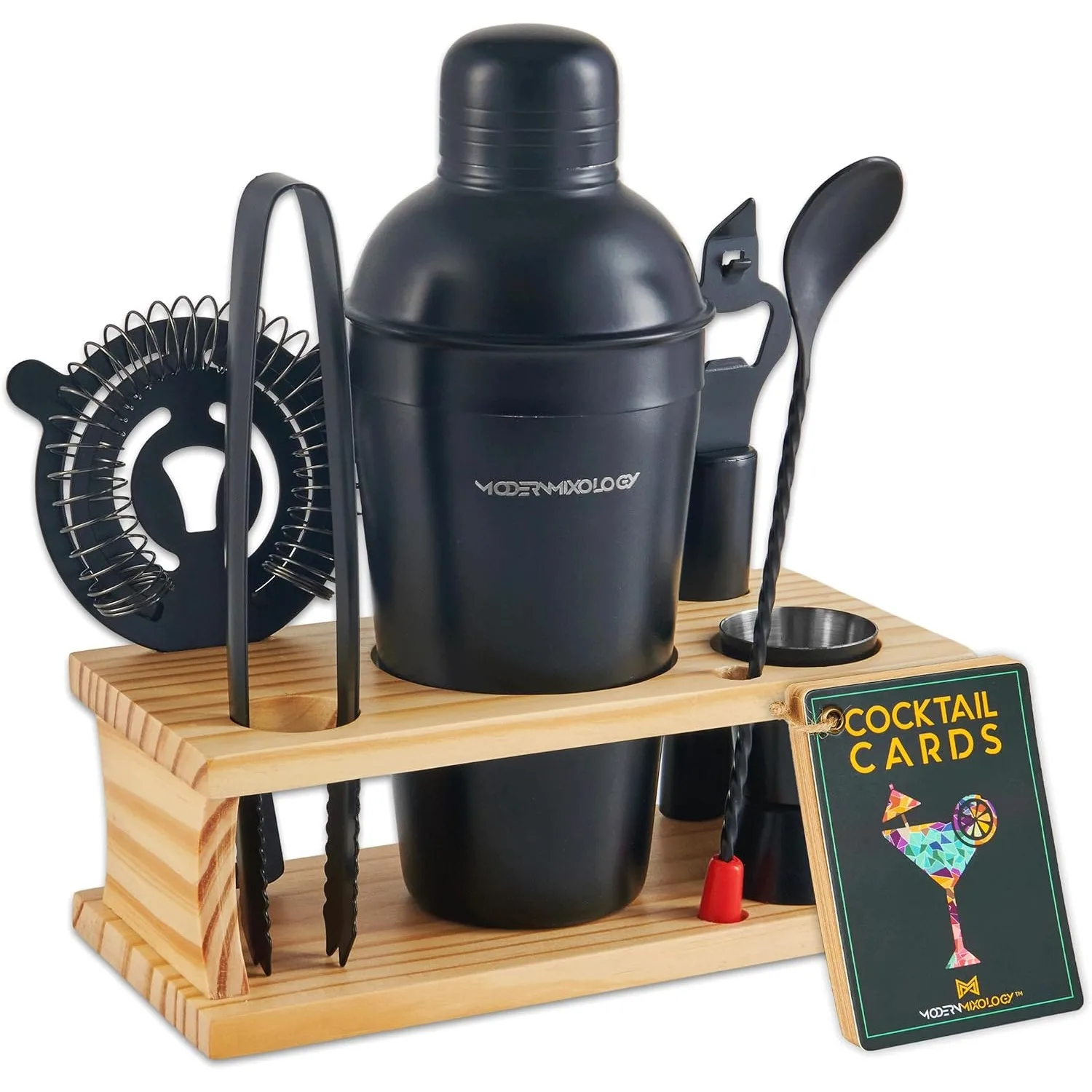 Bartender Kit 8-Piece Black Matte Cocktail Shaker Set with Pine Wood Stand Recipe Cards and Bar Accessories Ideas