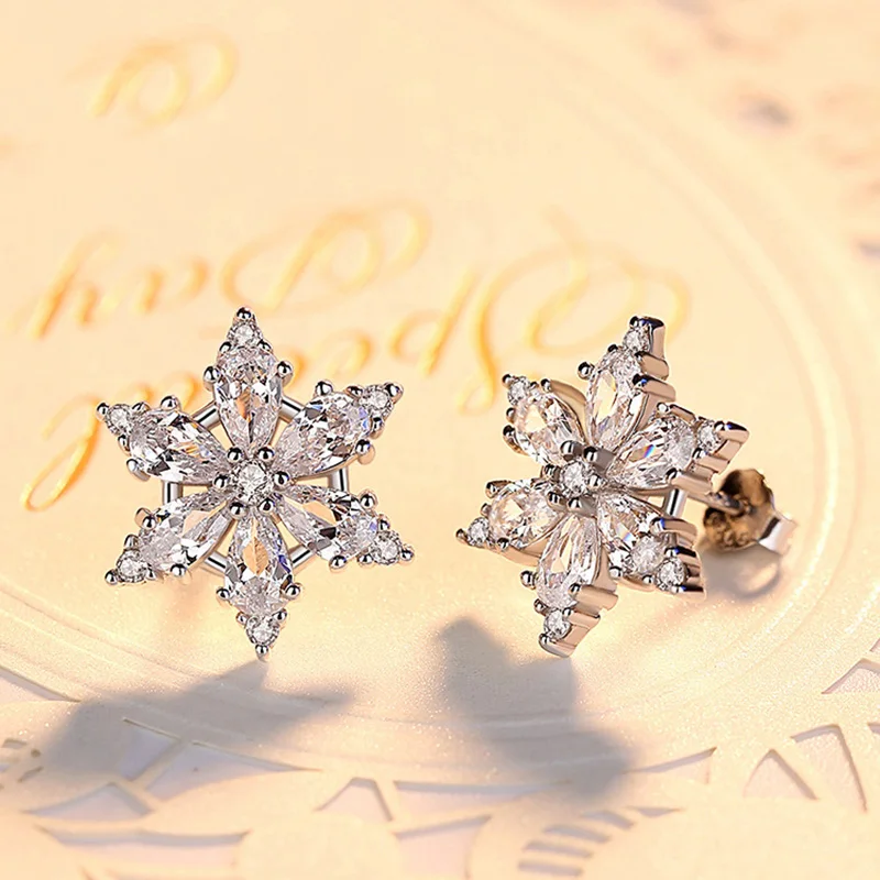 

Authentic 925 Sterling Silver Earring Korean Style Snowflake Full Crystal Stud Earring For Women Wedding Party Jewelry Gift