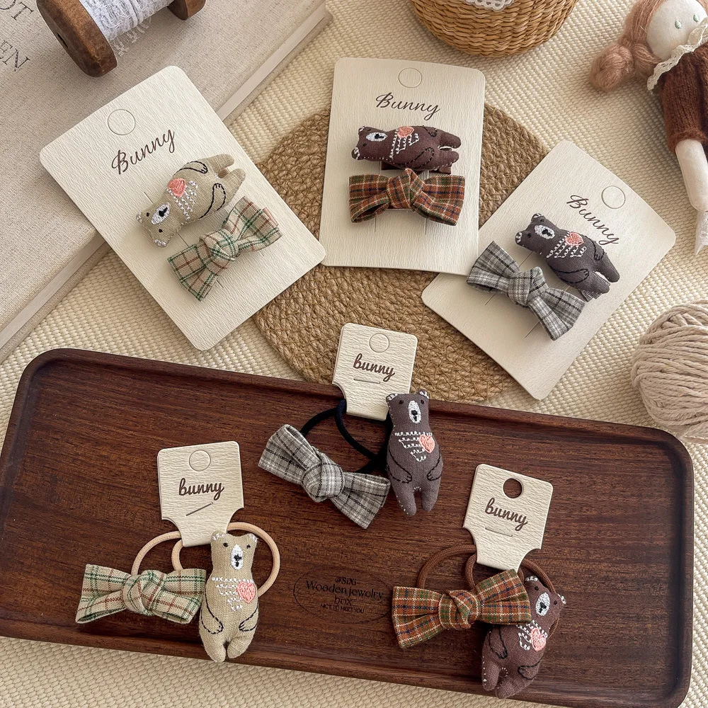 

2 шт., детская заколка для волос с мультяшным медведем, милый бант, челка для девочек, боковая заколка, эластичная резинка для волос, резинка, детские аксессуары для волос