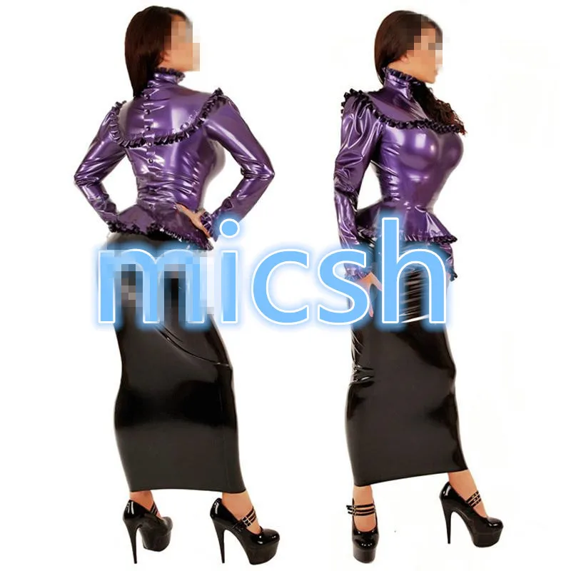 Rubber 100% Latex Dress Women Purple and Black Top With Skirts Size XXS-XXL