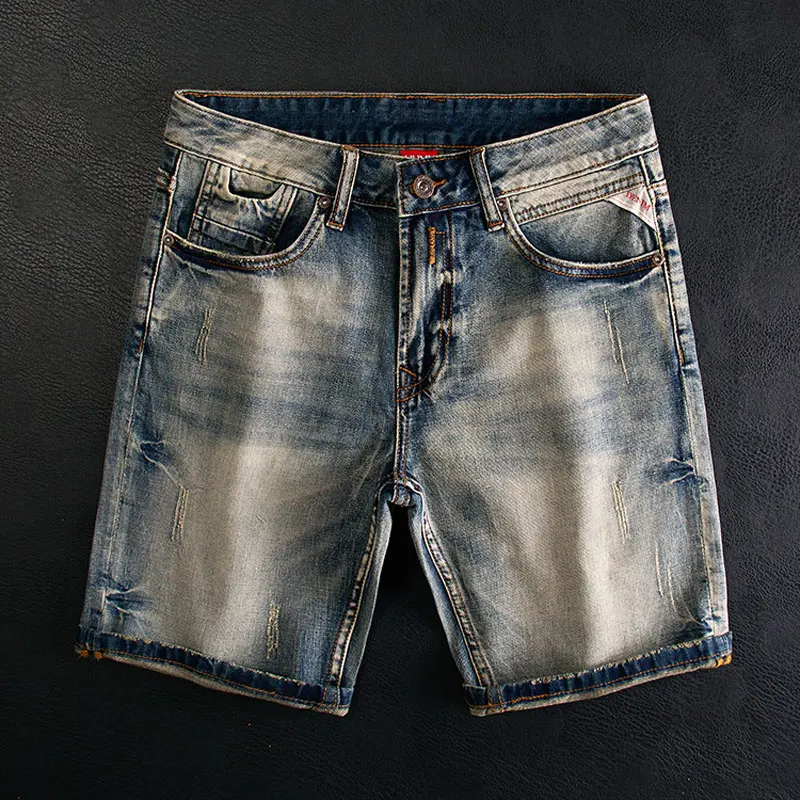 

Summer Fashion Designer Men Jeans High Quality Retro Washed Stretch Slim Fit Short Ripped Jeans Homme Vintage Denim Shorts Men