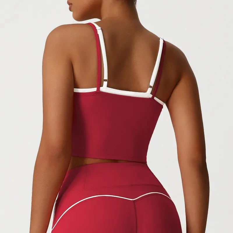 سترة يوجا نسائية بدون خياطة - قطعتين مزيفة مع حمالة صدر رياضية مبطنة قابلة للإزالة بدون ظهر وقابلة للتمدد والجري واللياقة البدنية بدون أكمام