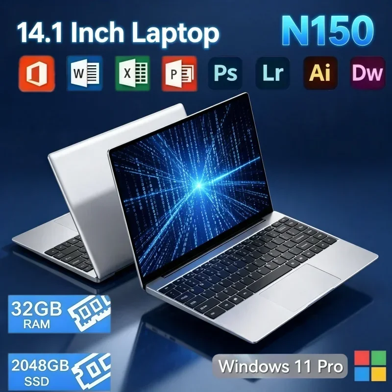 Intel N150 14.1 Inch Laptop 32GB Large RAM 2TB SSD Storage Windows11 Office PC Portable Ultrabook Gaming Notebook Computer