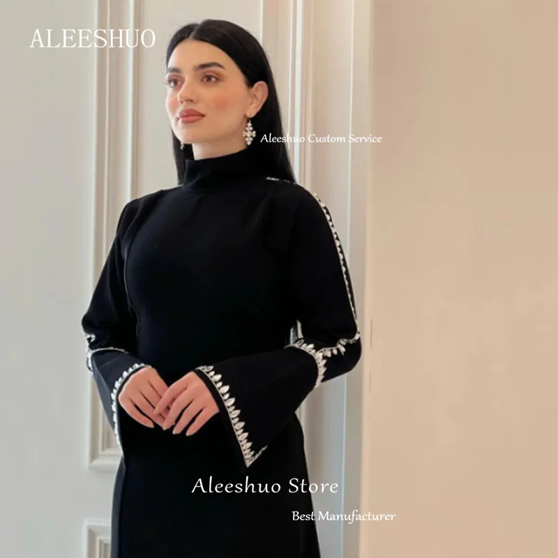 Aleeshuo Muslim Black Straight Satin Prom Dress Front Slit High Collar Evening Dress Crystal Long Sleeve Vestidos De Noche 2024