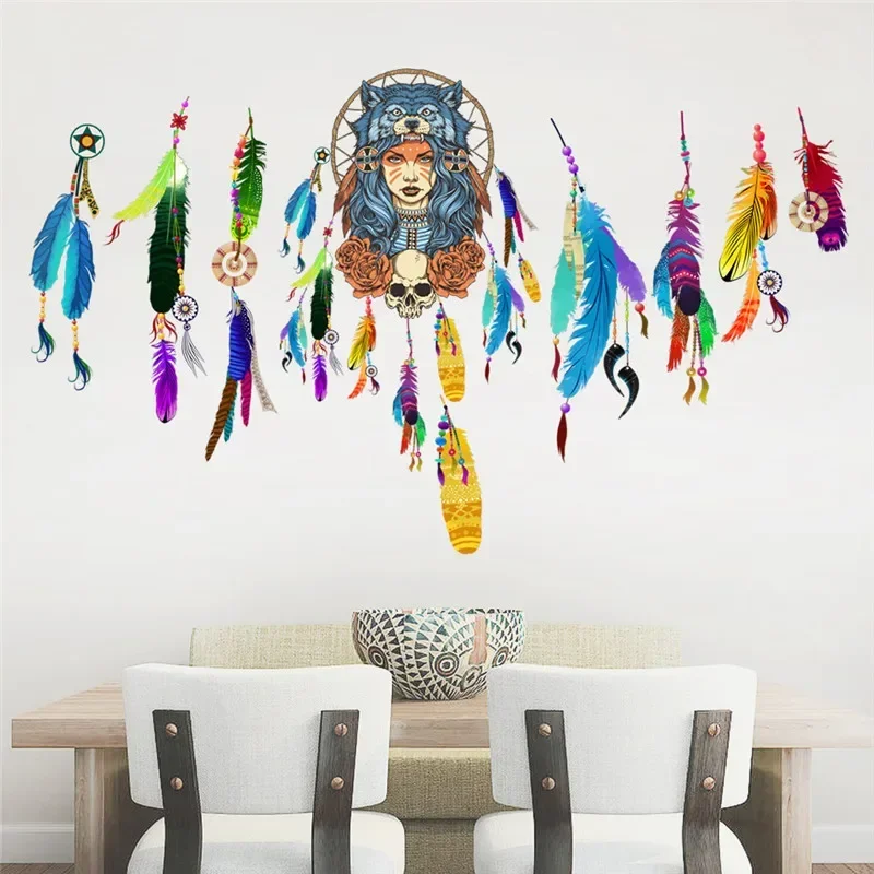 Angle Dream Feathers Wall Sticker Indian Style Colorful Stickers Home Decor for Bedroom Living Room Decals Art R Mural