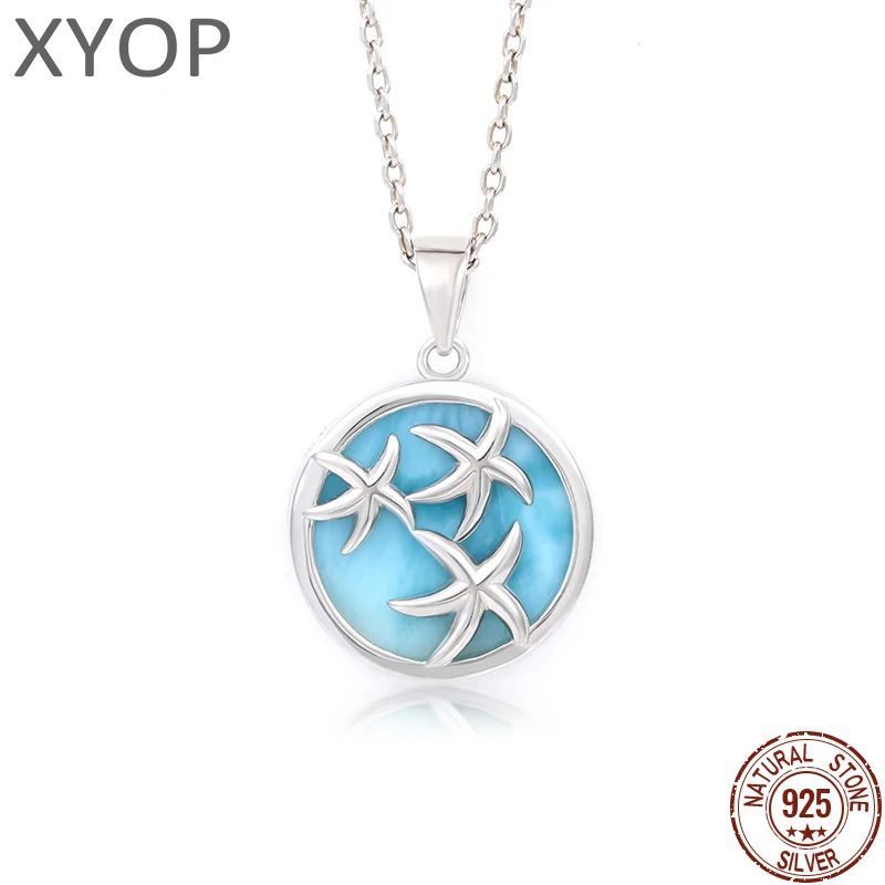 Sea Starfish Classic Charm 925 Sterling Silver Jewelry Gifts Natural Precious Dominica Larimar Pendant Necklace for Woman