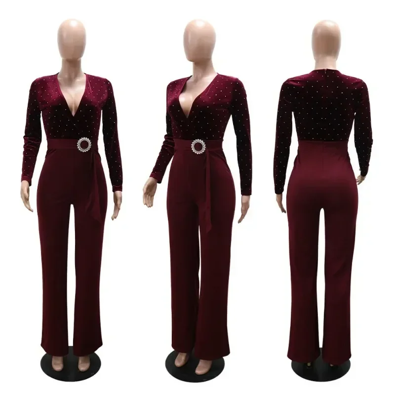 GUWU Tute da donna alla moda con scollo a V profondo increspato a gamba larga Tute da festa a maniche lunghe in velluto da strada