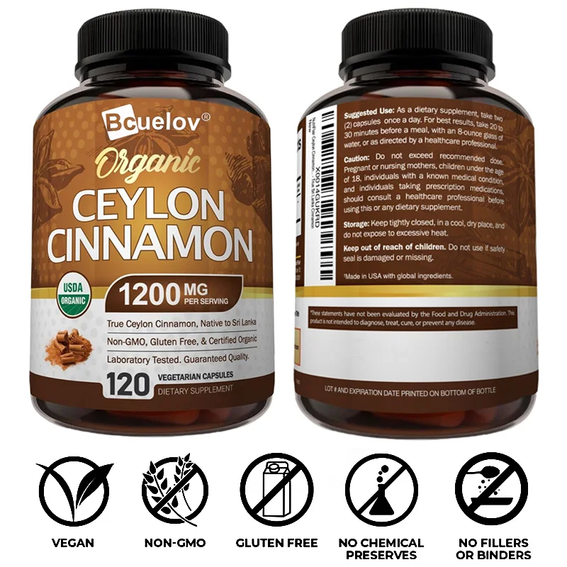 Natural Ceylon Cinnamon Capsules Nutritional Supplement - Joints, Bones, Anti-Inflammatory Support, Antioxidants