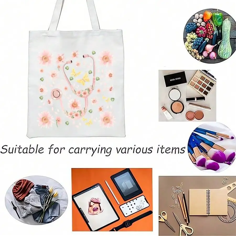 

Floral Stethoscope Print Tote Bag Canvas Shoulder Bag For Women Office Daily Use
