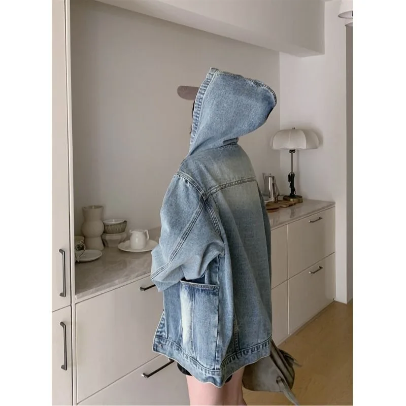 Large Size Hooded Coat Female Fat Mm Spring and Autumn Sense of Design Minority Loose All-match Long Sleeve Denim Jacket