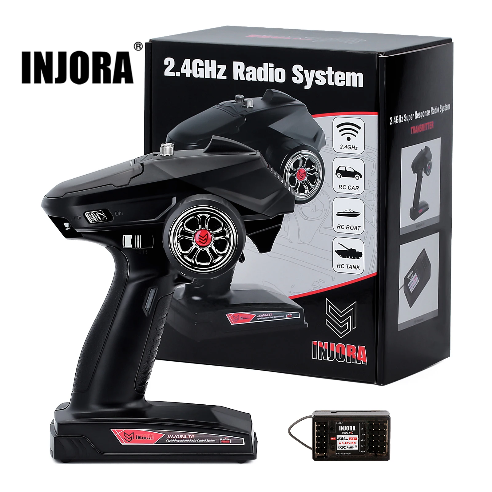 INJORA 2.4GHz Remote Control 6CH Digital Radio Transmitter with Gyro Receiver for 1/8 1/10 RC Car Boat Tank Crawler SCX10 