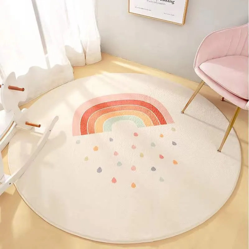 Cartoon Round Fluffy Carpet Living Room Rainbow Bedroom Rugs For Kids Room Plush Nursery Play Mat For Children Soft Baby Rug