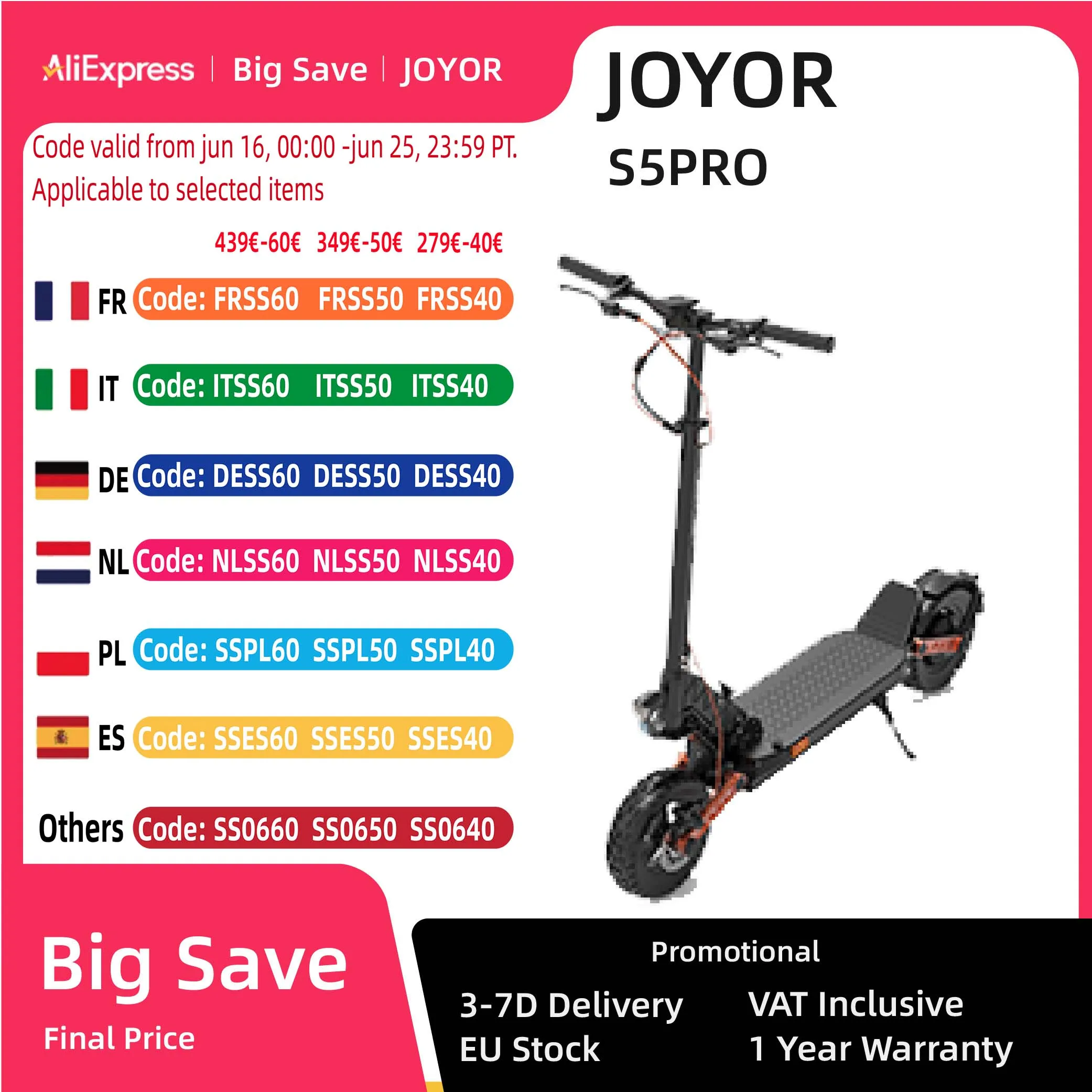JOYOR S5 Pro (ABE)Electric Scooter 500W Motor ABE Certification E-Scooter 10-inch Tires 48V 26Ah Battery 25km/h Max Speed 70km