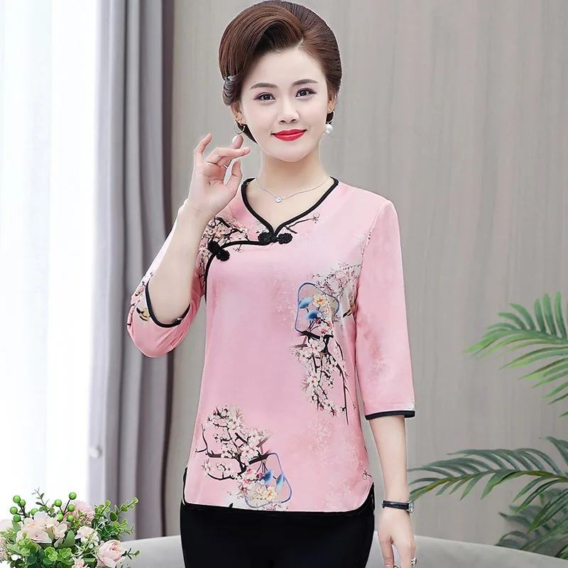 Vintage Women Summer Half Sleeve Shirts Retro Buckle Pullovers Female Clothes Casual Blouse Asian Style top