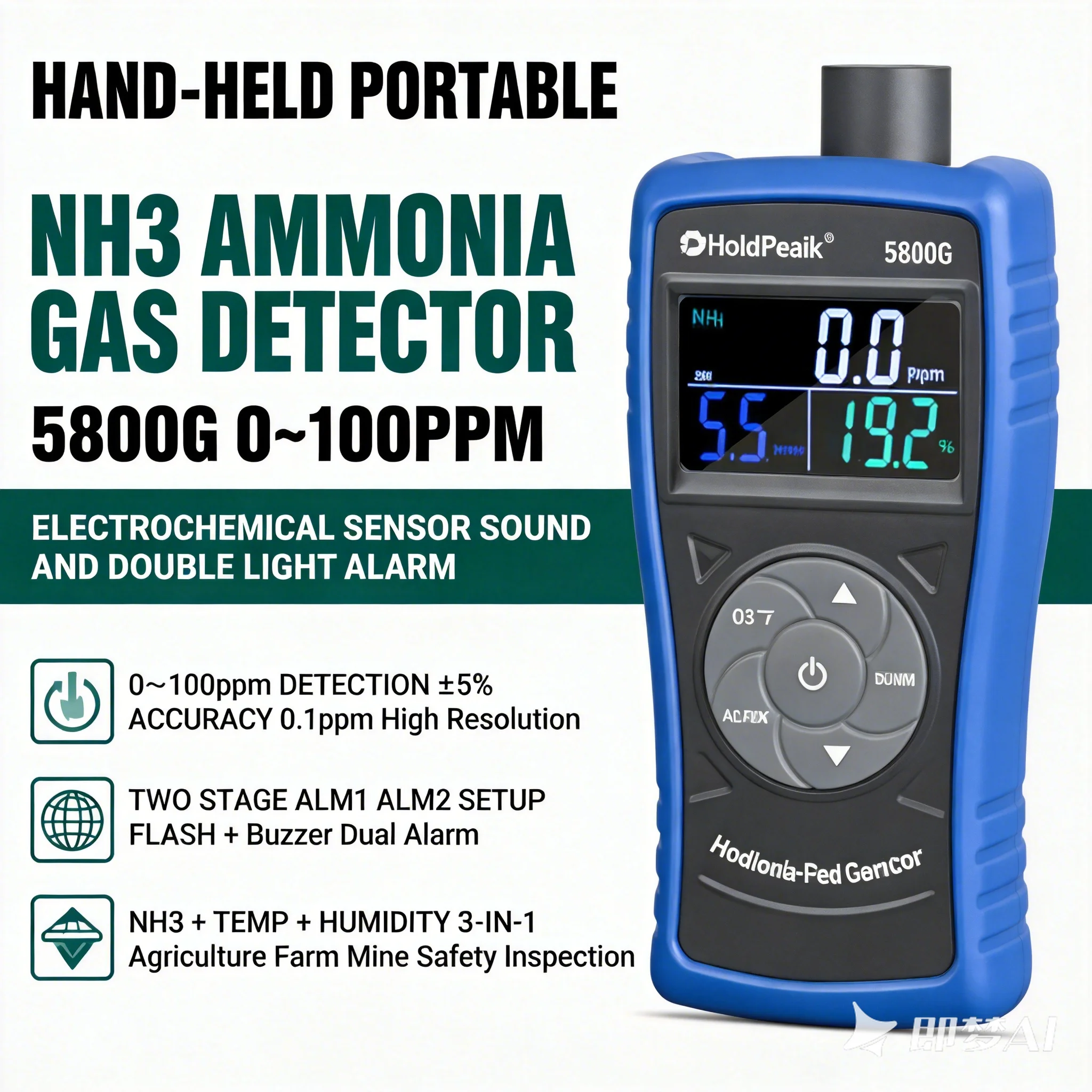 Ammonia Gas Detector NH3 Monitor 0-100ppm Electrochemical Sensor with Dual Alarm Temp Humidity LCD for Farm Chemical Industrial