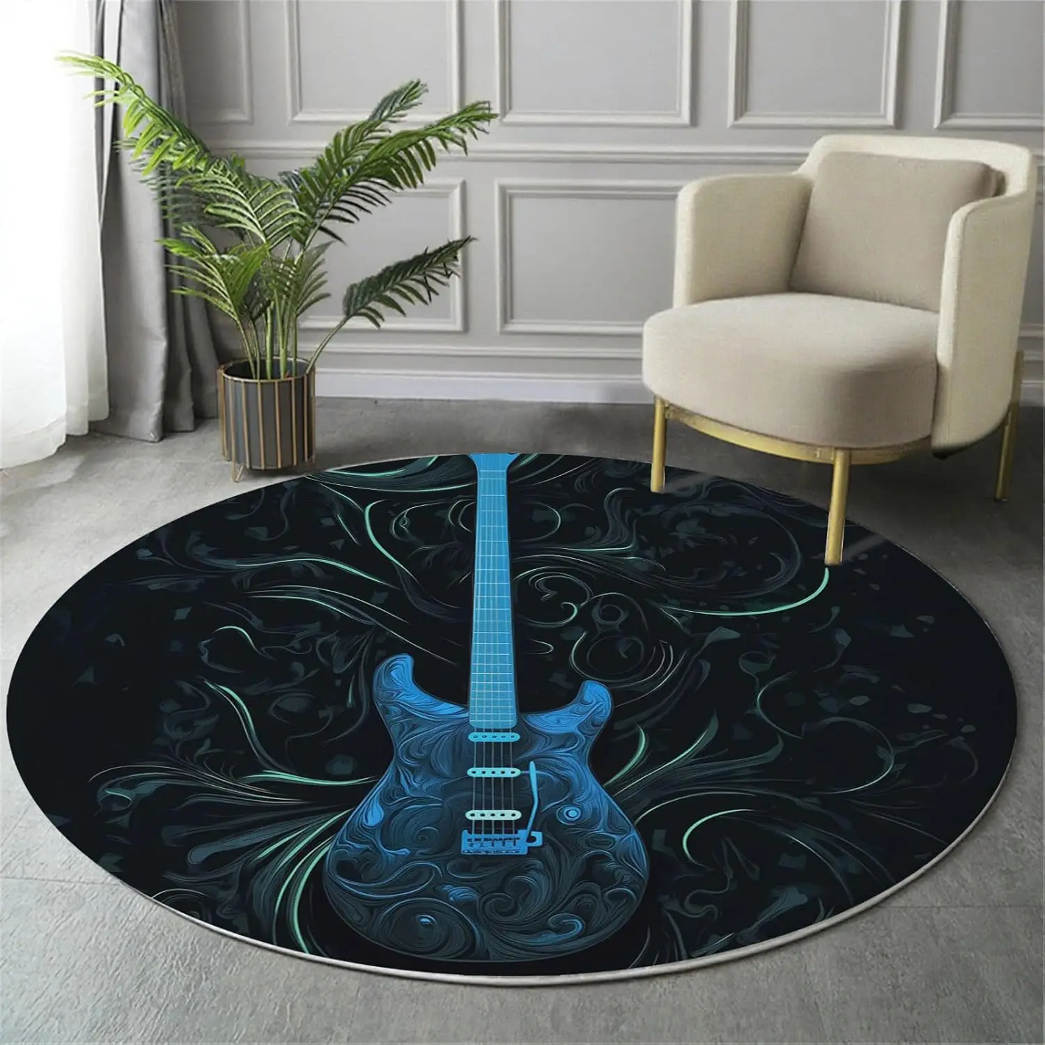 Blue Electric Guitar Round Rug Black Background Swirl Art for Music Lover Decor
