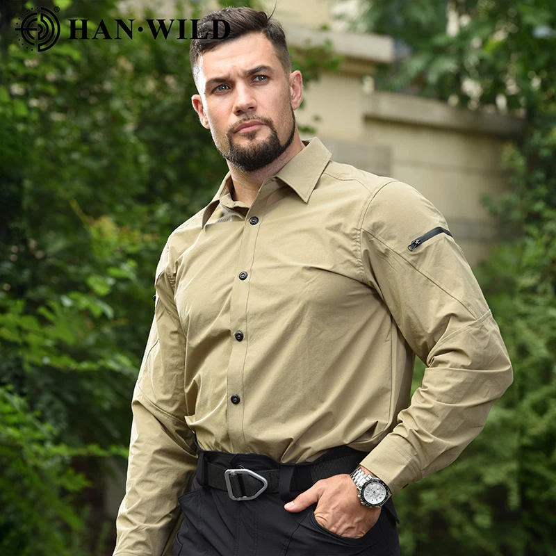 HAN WILD Men Casual Shirt Summer Quick Drying Shirts Lightweight Breathable Shirts Long Sleeve Outdoor Work Cargo Camping Shirts