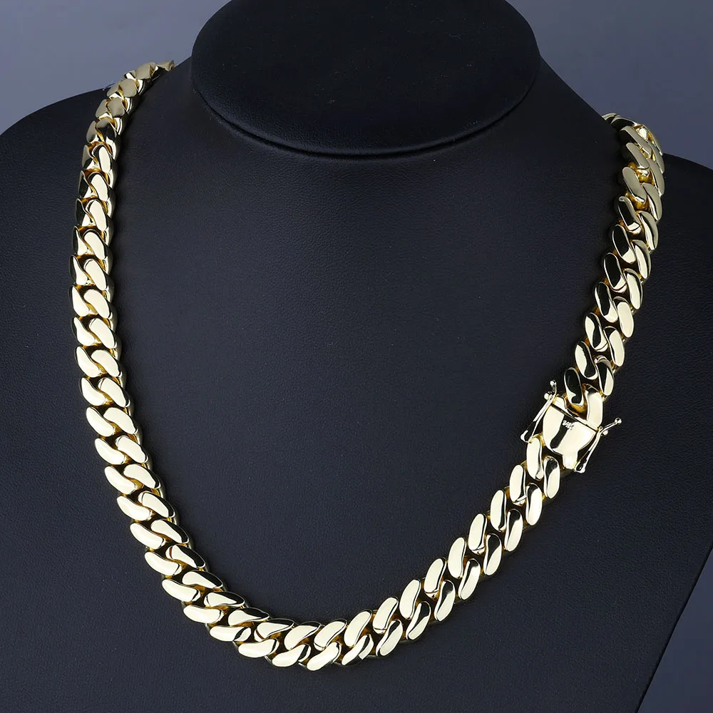 

12MM Brass Choker 14K Solid Gold Plated Miami Cuban Link Chain Necklace Men Women Hip Hop Monaco Jewelry with Deep Carving 14k