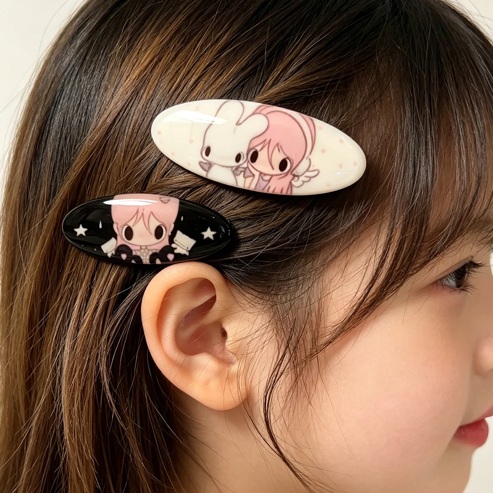 Y2K Cute Cartoon Girl Printed Oval Hair Clips Sweet Anime Snap Barrette Fashion Hair Pin Decorative Hair Accessories for Women G