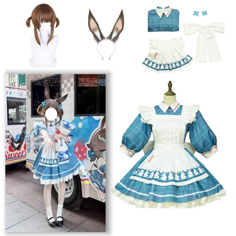 Kostium Cosplay Amiya z gry Arknights, sukienka, fartuch, peruka, uszy, pełny zestaw dla kobiet, na Halloween, karnawał, imprezę, strój do odgrywania ról Ark.