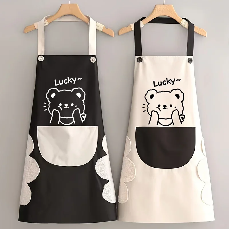 Cartoon Bear Couple Kitchen Apron Adjustable Straps for Men Women PVC Hand Wiping Easy Clean Cooking Dining Household Chores