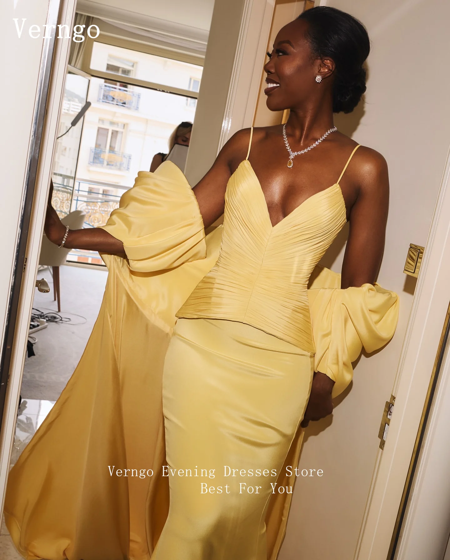 Verngo Yellow Satin Evening Dress Spaghetti Straps Mermaid Formal Occasion  Dresses Cape Elegant Celebrity Party Dress Customized - AliExpress 320