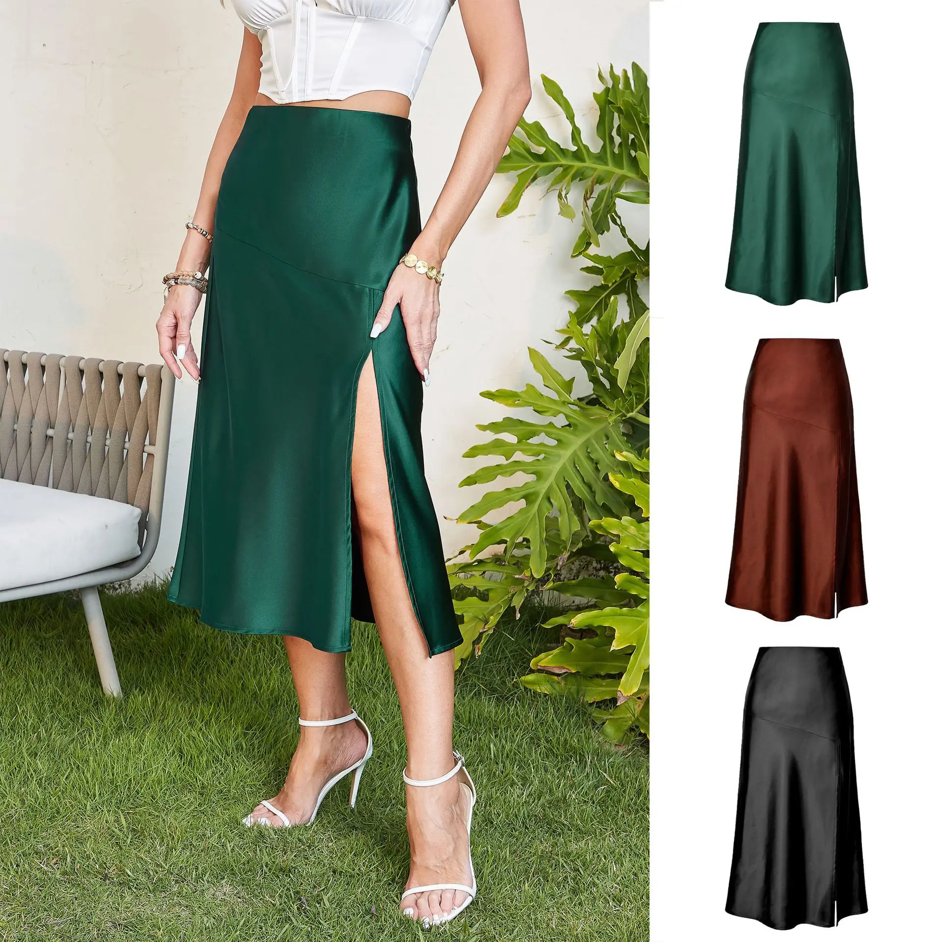 

2025 Women Split Skirts Summer Fashion Soft satin skirt women's high waist A-line skirts sexy Female Skirts