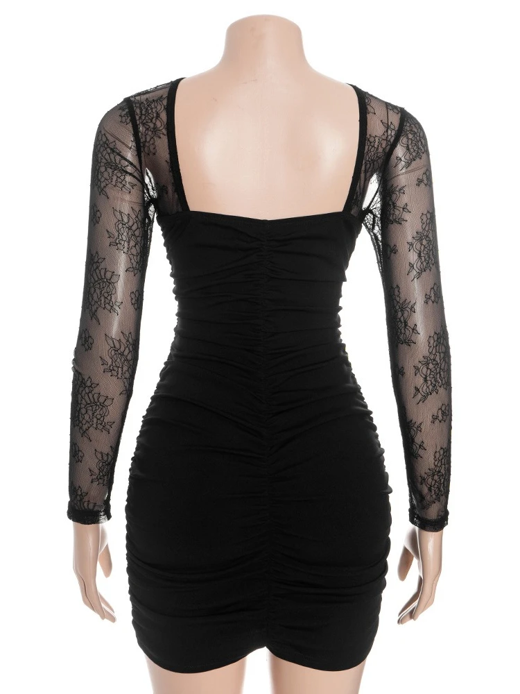 SsTss Mini abito patchwork in pizzo trasparente per donna Elegante abito aderente aderente aderente con scollo a O a maniche lunghe con fiocco e volant