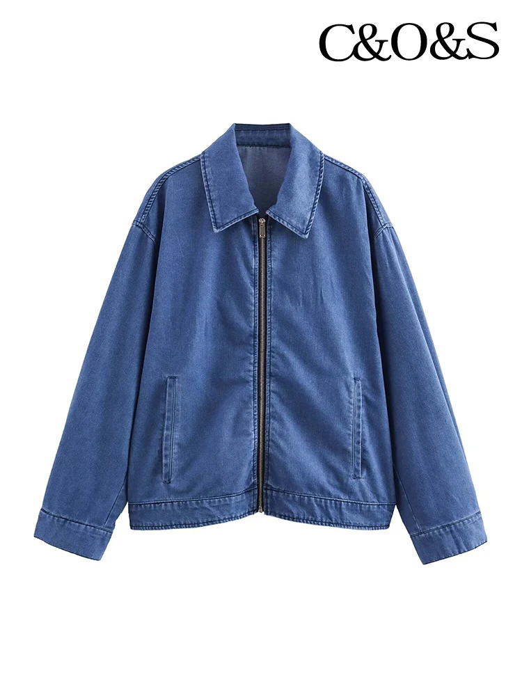 

Женская повседневная джинсовая куртка-авиатор Мода высокой улицы с отворотом на молнии Куртка с длинным рукавом Модная женская мода