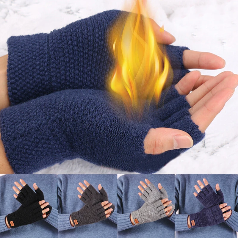 New Men Winter Wool Fingerless Gloves Half Finger Writting Office Knitted Alpaca Warm Leather Label Outdoor Thick Driving Gloves