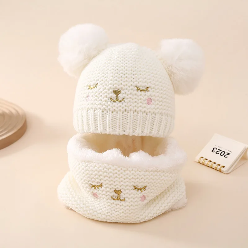 

Winter Baby Girls Cartoon Knitted Hat Scarf Set Double Pompom Warm Cap For Infant