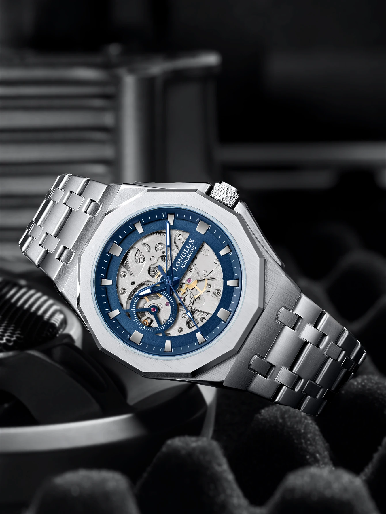 Reloj Automático LONGLUX para hombre, relojes mecánicos de lujo, esqueleto resistente al agua, moda de negocios, venta al por mayor, reloj de regalo de acero inoxidable