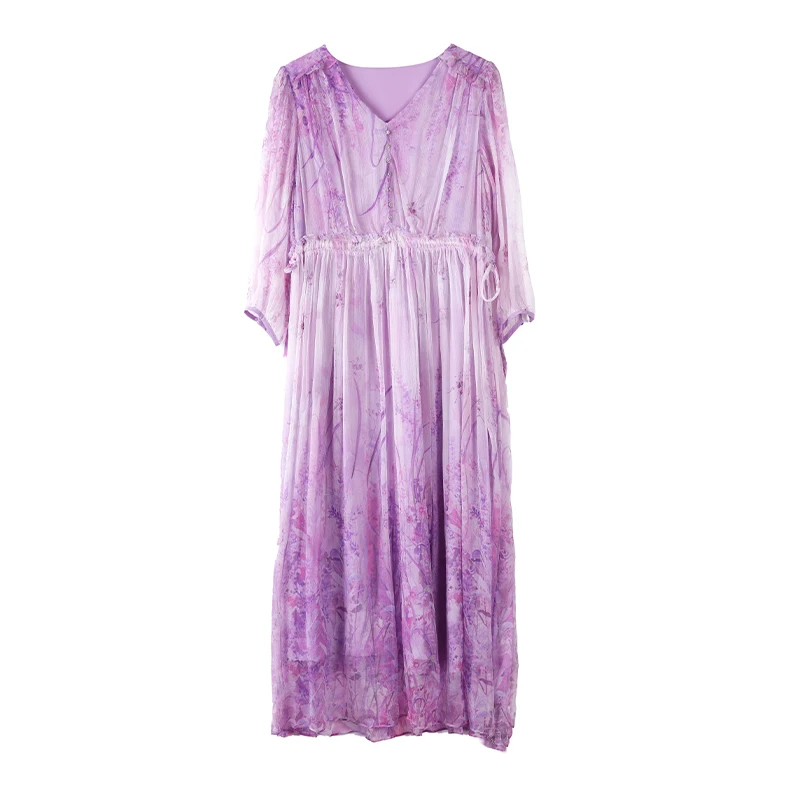 Robe mi-longue à col en V à fleurs naturelles pour femmes, robe de plage légère, mode bohème, batterie élégante coréenne, robes décontractées, été, 2024