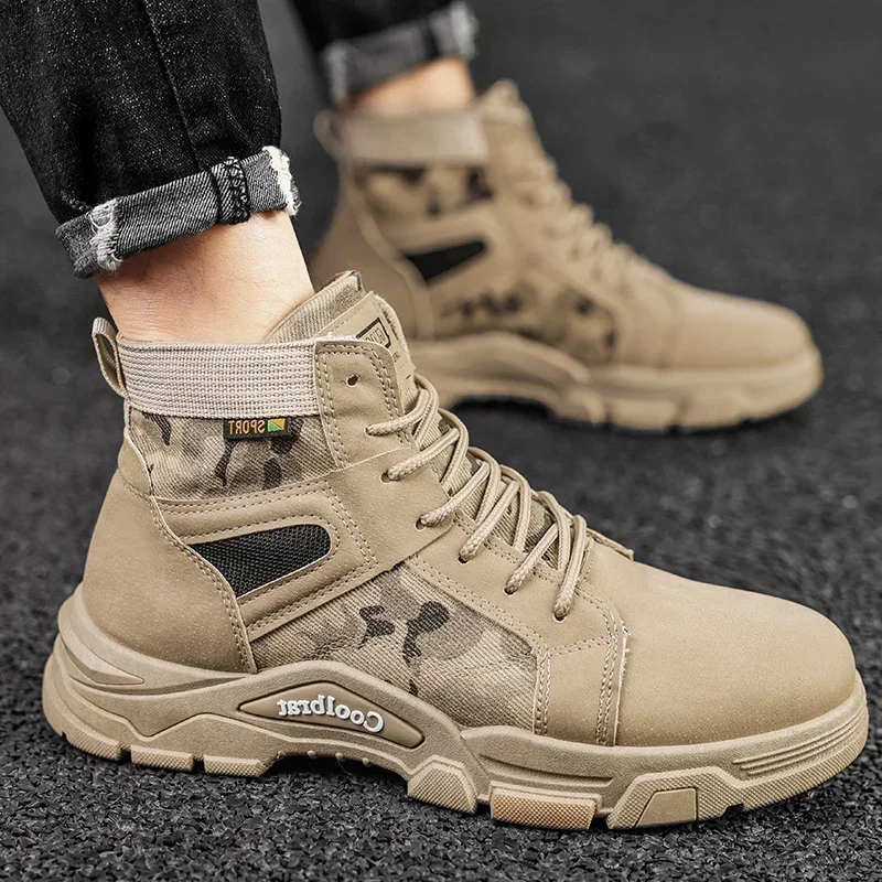 

New Men Boots Leather Waterproof Lace Up Military Boot Men Winter Fashion Ankle Lightweight Shoes for Men Winter Casual Non Slip