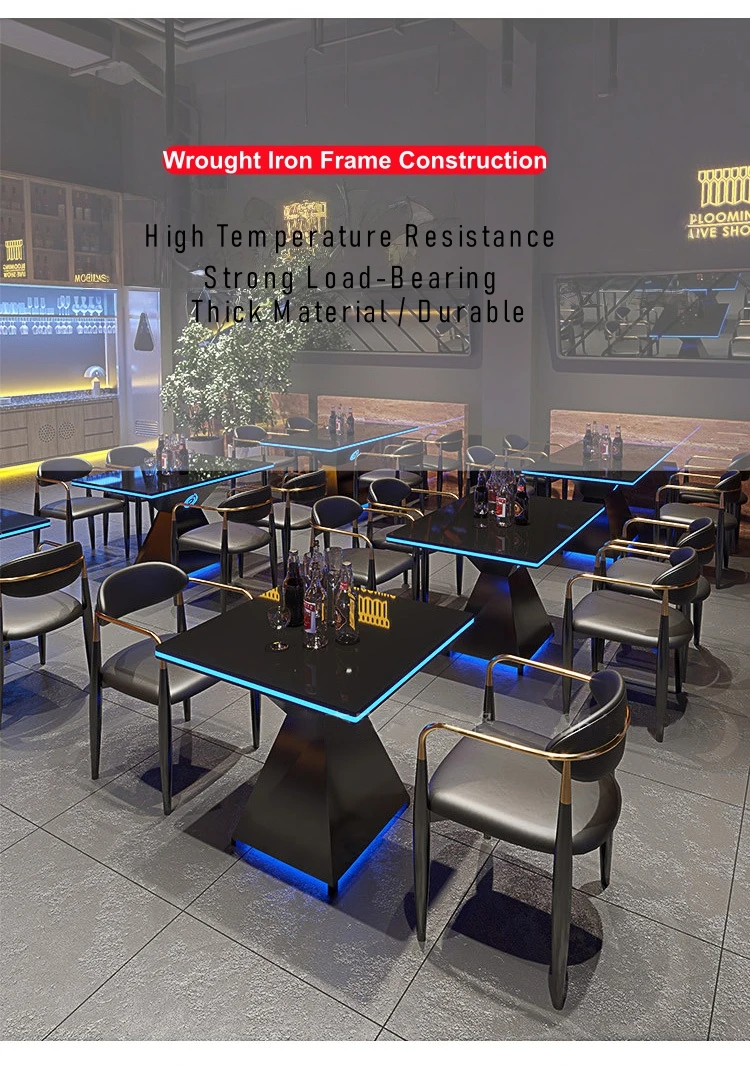 طقم بار أوروبي حديث طاولة قهوة وكرسي مع أضواء LED إطار من الفولاذ المقاوم للصدأ صديق للبيئة مقاوم للماء للاستخدام التجاري #4