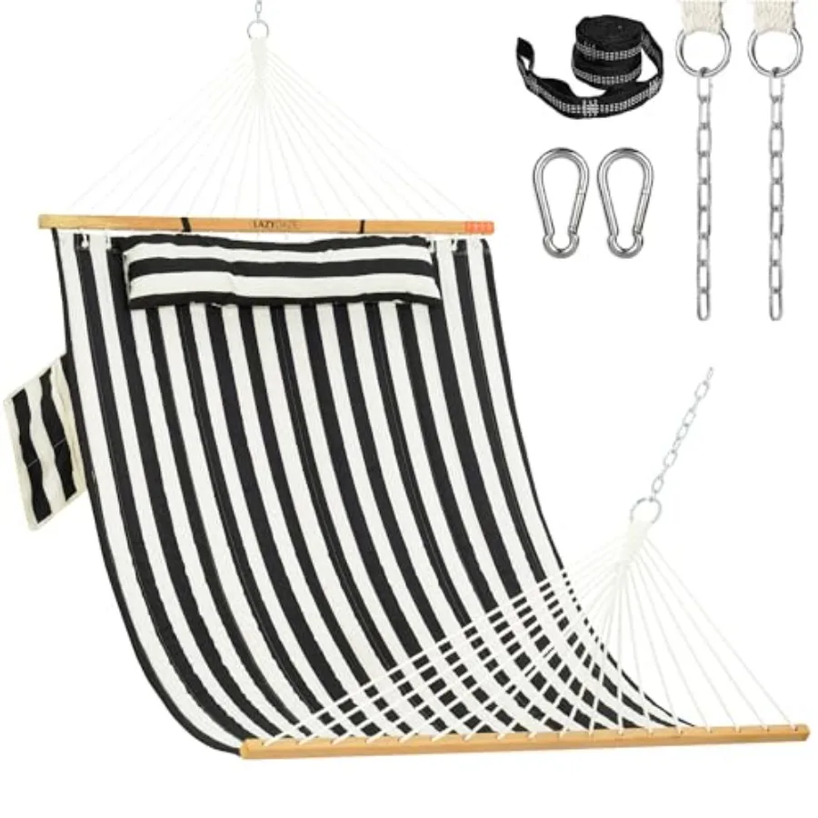 

2 Person Double Quilted Fabric Hammock with Spreader Bar Detachable Pillow Side Pocket Carabiners Chains Straps for Outdoor 450