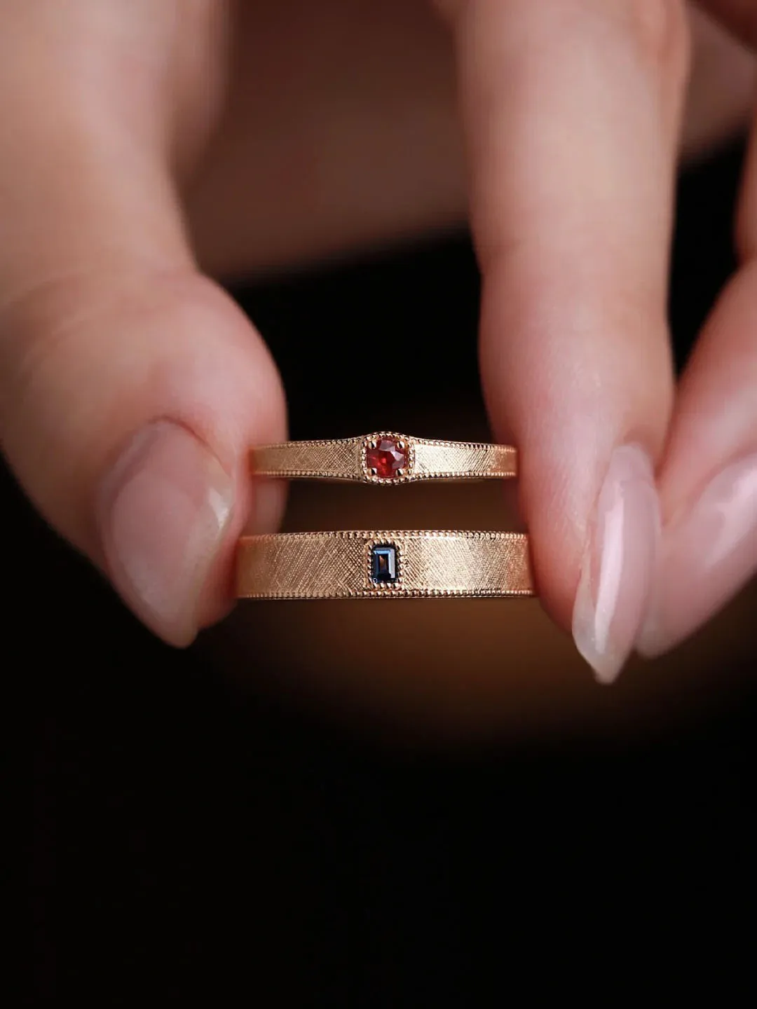 Designer Custom Ruby & Sapphire Brushed Texture 18K/14K Couple Rings, Luxurious Wedding/Engagement Bands for Him & Her