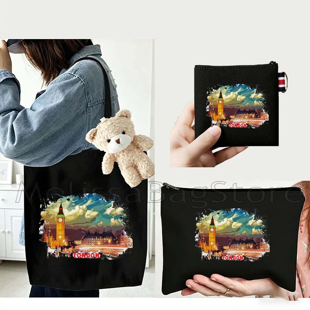 4PCS Gifts Set London City White Canvas Tote Bag Handbag with Doll Key Coin Purse Cosmetic Makeup Toilet Bag Case Pouch