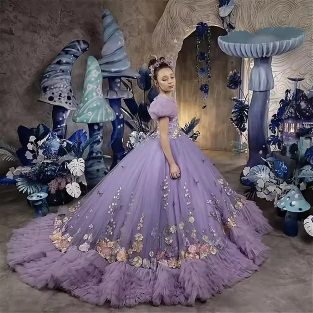 

Luxury Flower Girl Dresses for Wedding Floral Appliques Floor Length Princess Birthday Party First Holy Communion Gowns