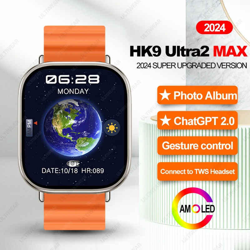 HK9 Ultra 2 Max AMOLED Smart Watch Men Photo Album Gesture Control NFC Compass Heart Rate Bluetooth Call Smartwatch Upgraded New