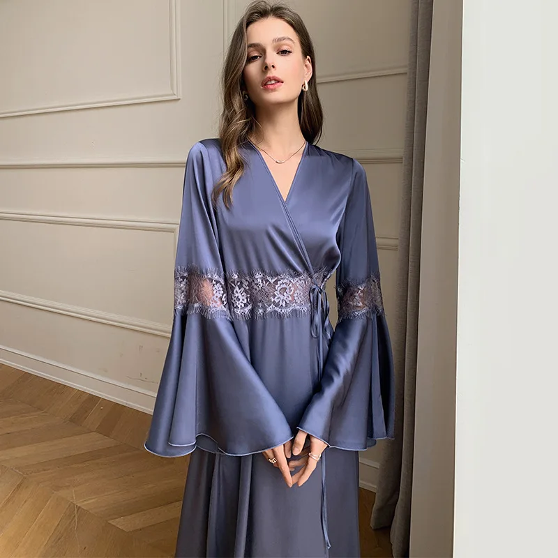 

Elegant Kimono Bathrobe Bride Dressing Gown Women Sleepwear Nightwear V-Neck Home Dress Long Flare Sleeve Robe Loungewear