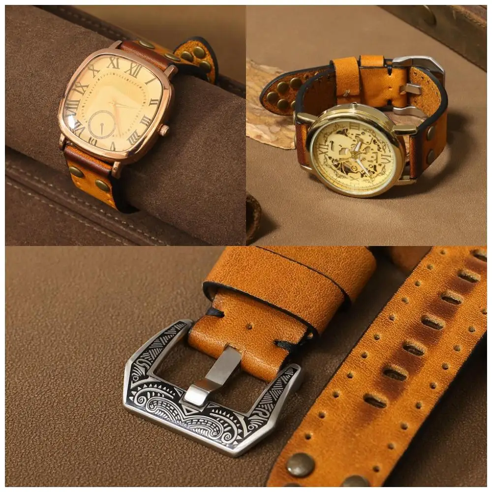 Vintage 20mm 22mm 24mm Genuine Leather Watchbands Rivet Watch Strap Replacement Silver Carving Strap Watch Accessories for Men