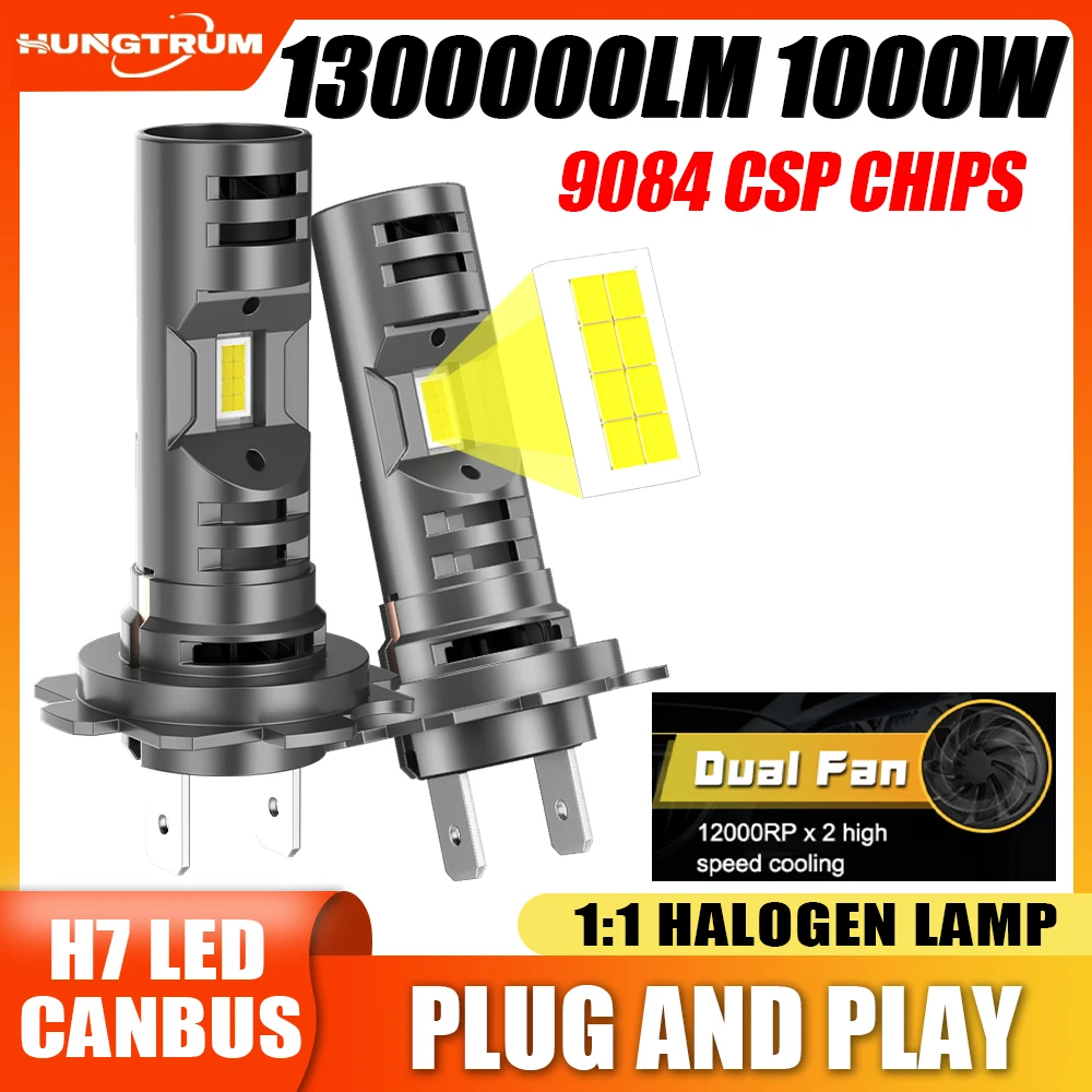 

H7 LED Headlight Dual Turbo Fan Fast Cooling h7 Headlamp 1000000LM Super Bright Bulbs Wireless Plug And Play CANBUS Car Lights