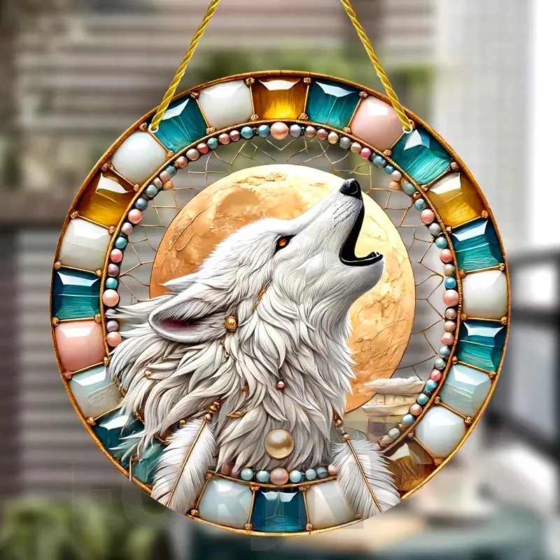 Wolf Suncatcher,round Acrylic Translucent Stained Window Hanging, Holiday Gift,Office,Garden,Club,Man Cave,Spooky Home Decor