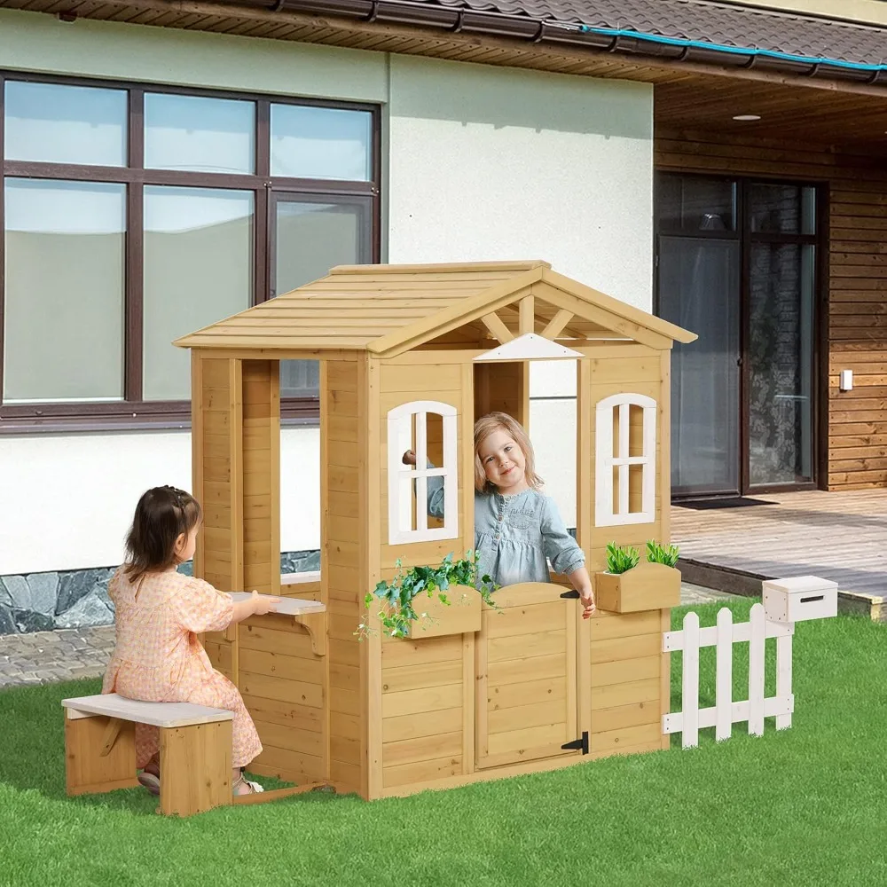 Playhouse.Outsunny Outdoor Playhouse for Kids Wooden Cottage with Working Doors Windows & Mailbox, Pretend Play House for Age