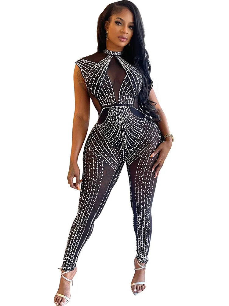 

Black Mesh Rhinestone Bodycon Jumpsuit For Women Club Rompers Sleeveless See Through Nightclub Party Sexy Jumpsuits Long Pants