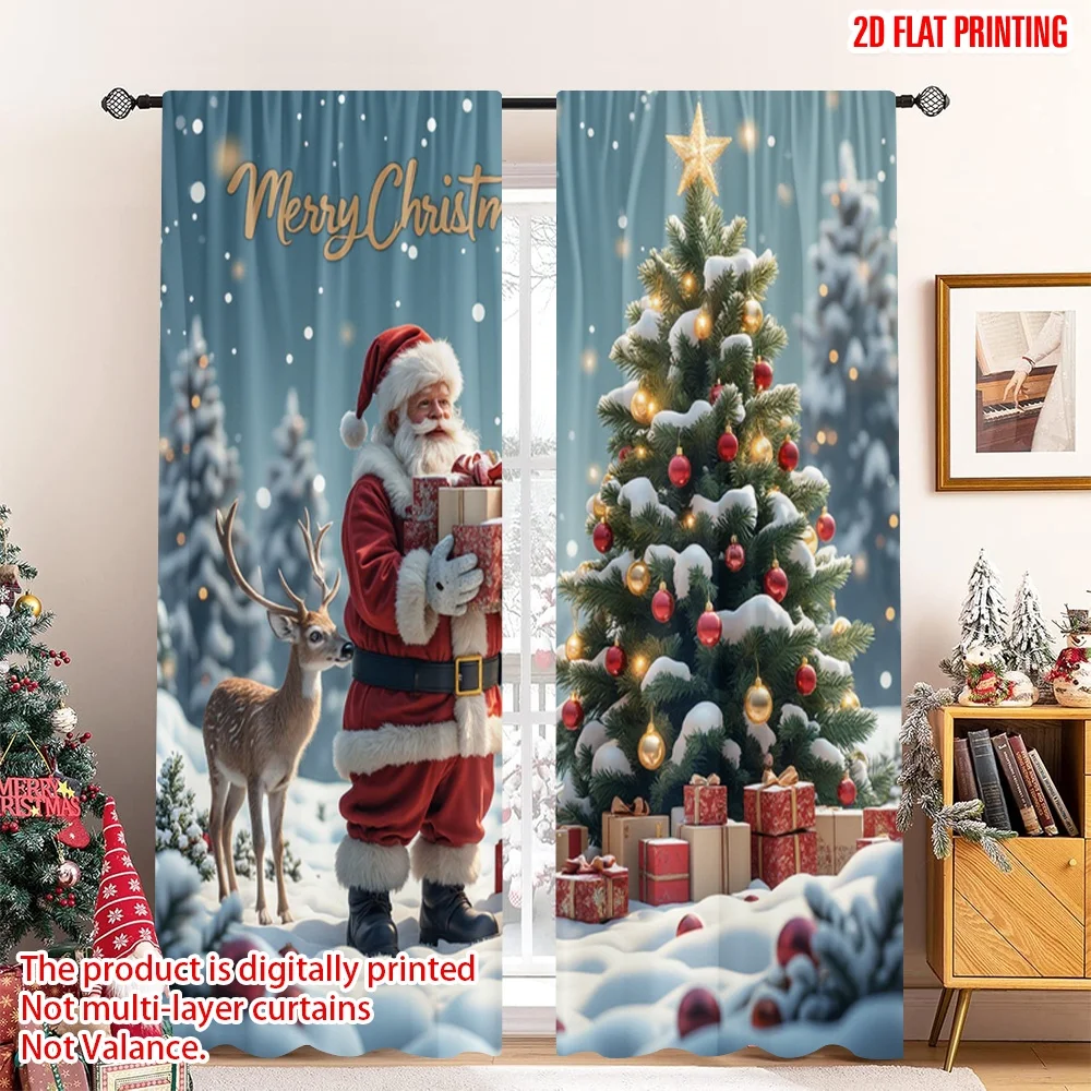 

2pcs 2D flat printing Christmas Drapes Santa Claus Deer Gifts Christmas Tree 100% Polyester Without Electricity Holiday